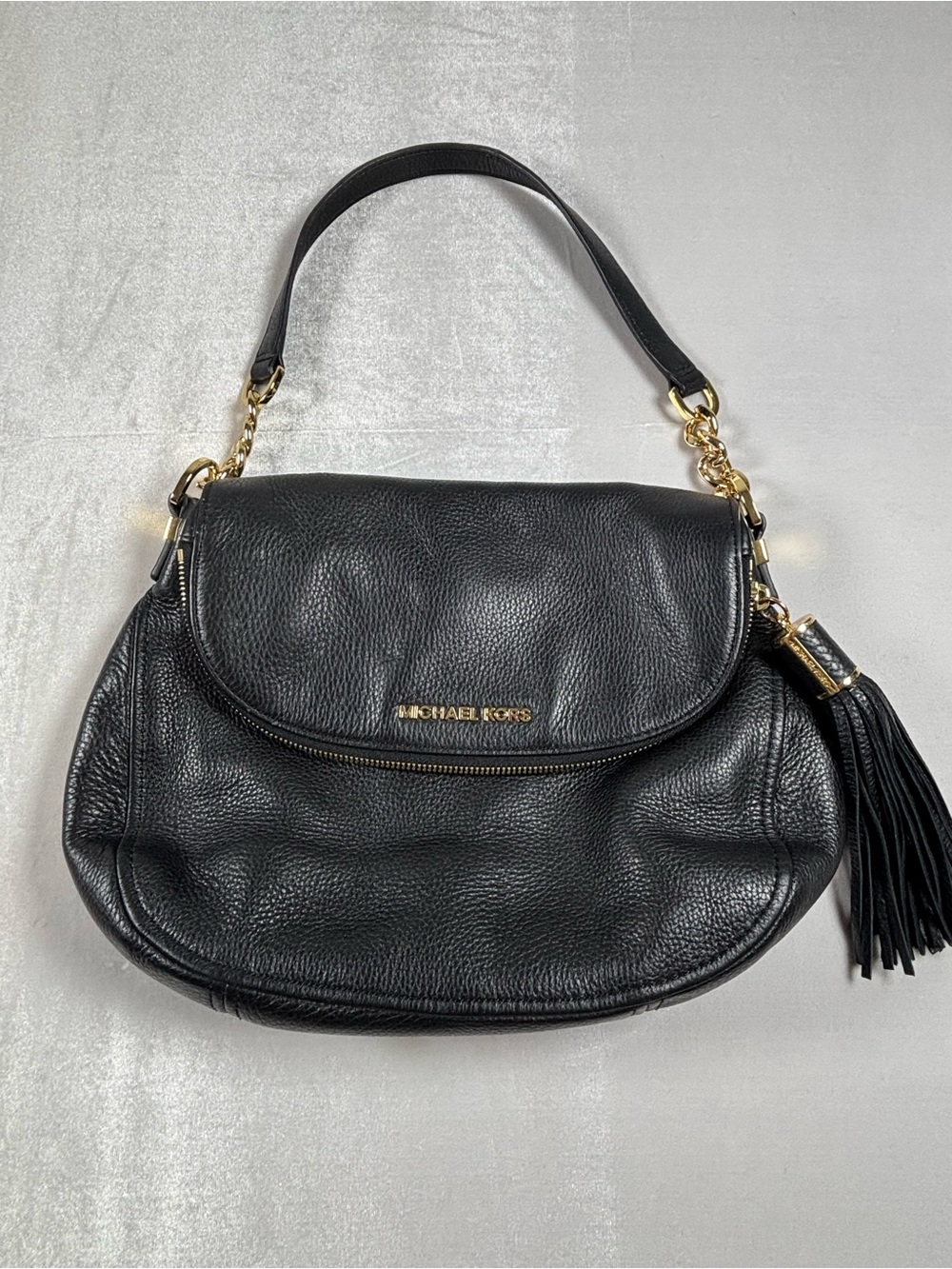 Michael Kors Black Pebbled Leather Tassel Shoulder Bag Gold Chain Hobo Purse - Picture 2 of 14